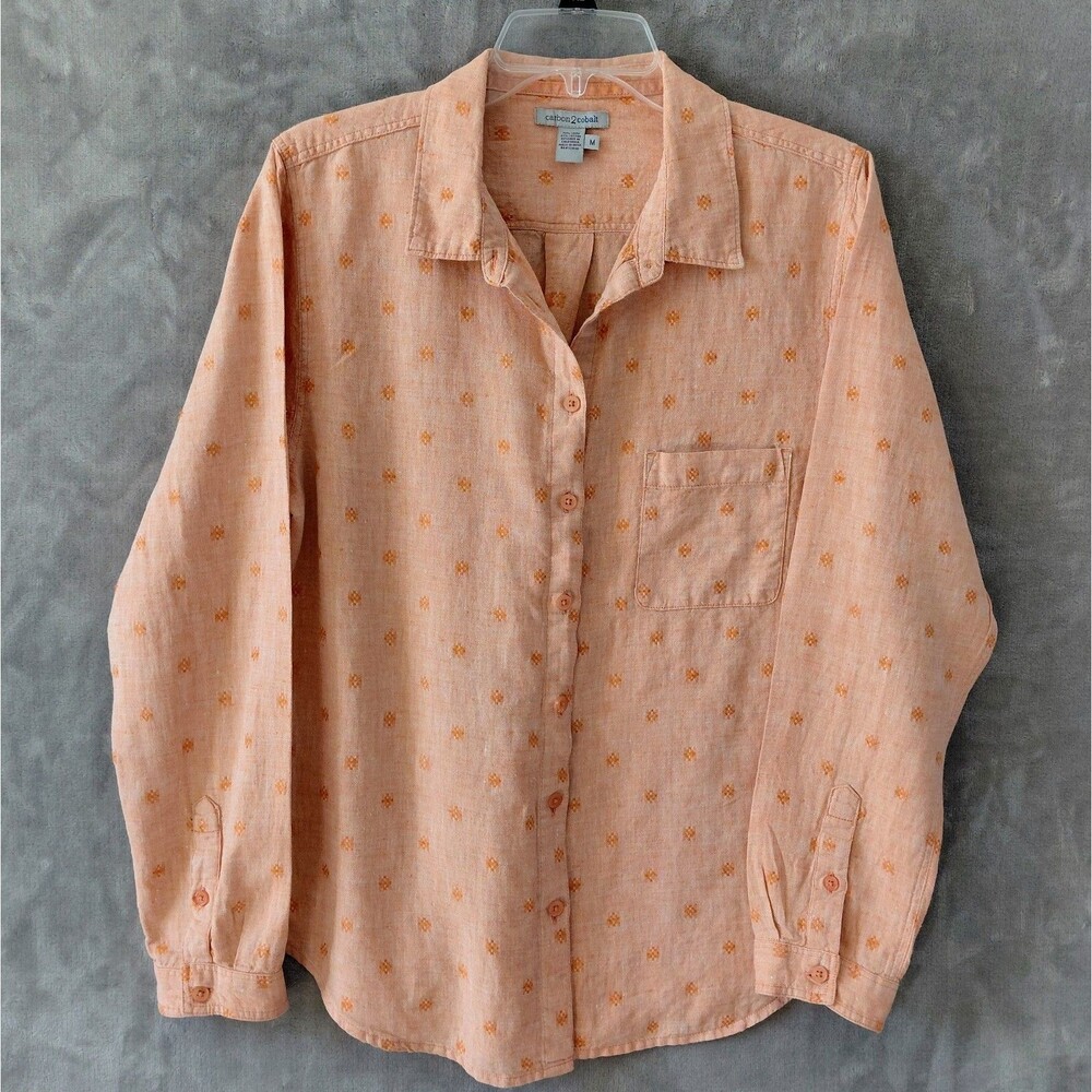 Carbon2Cobalt Linen Blend Button Up Shirt Women's Medium Peach Geometric Print - Picture 2 of 6